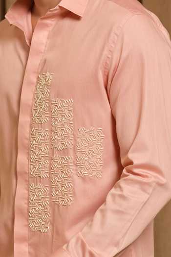 Shop_Runit Gupta_Peach Vegan Silk Embroidery Puzzle Party Shirt _Online