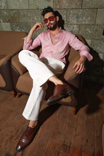Runit Gupta_Peach Vegan Silk Embroidery Puzzle Party Shirt 