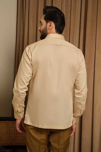Shop_Runit Gupta_Beige Vegan Silk Embroidery Golden Doodle Shirt _at_Aza_Fashions