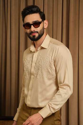 Runit Gupta_Beige Vegan Silk Embroidery Golden Doodle Shirt _Online_at_Aza_Fashions