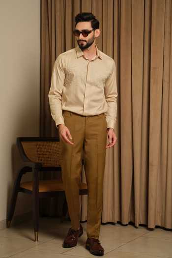 Buy_Runit Gupta_Beige Vegan Silk Embroidery Golden Doodle Shirt _Online_at_Aza_Fashions