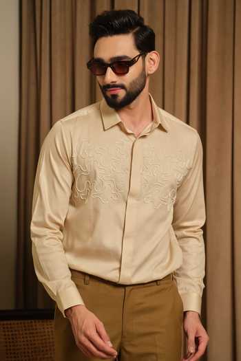 Shop_Runit Gupta_Beige Vegan Silk Embroidery Golden Doodle Shirt _Online_at_Aza_Fashions