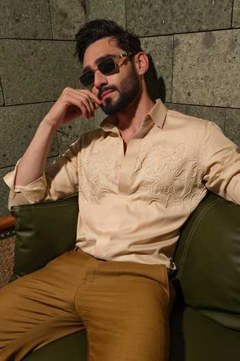 Runit Gupta_Beige Vegan Silk Embroidery Golden Doodle Shirt _at_Aza_Fashions