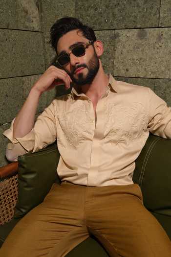 Buy_Runit Gupta_Beige Vegan Silk Embroidery Golden Doodle Shirt 