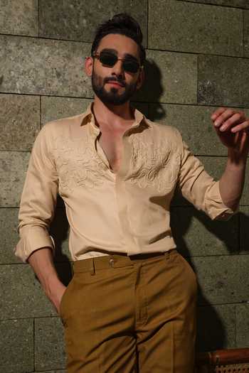 Shop_Runit Gupta_Beige Vegan Silk Embroidery Golden Doodle Shirt 