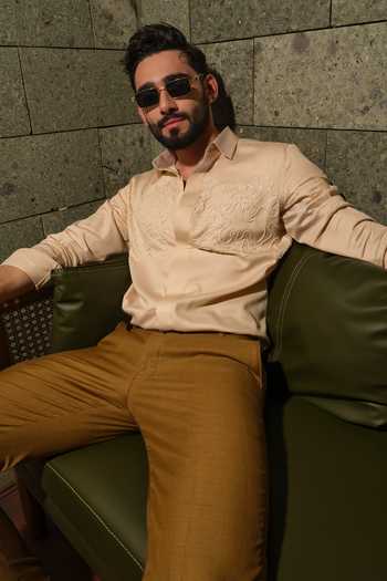 Runit Gupta_Beige Vegan Silk Embroidery Golden Doodle Shirt _Online