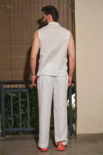 Shop_Runit Gupta_White Cotton, Linen Pastel Cargo Sleeveless Shirt _at_Aza_Fashions