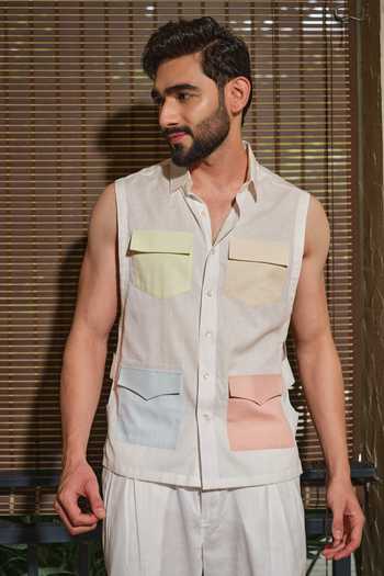 Buy_Runit Gupta_White Cotton, Linen Pastel Cargo Sleeveless Shirt _at_Aza_Fashions