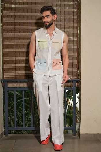 Runit Gupta_White Cotton, Linen Pastel Cargo Sleeveless Shirt _Online_at_Aza_Fashions