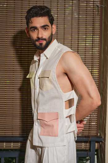 Shop_Runit Gupta_White Cotton, Linen Pastel Cargo Sleeveless Shirt _Online_at_Aza_Fashions
