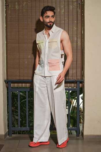 Runit Gupta_White Cotton, Linen Pastel Cargo Sleeveless Shirt _at_Aza_Fashions