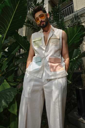 Shop_Runit Gupta_White Cotton, Linen Pastel Cargo Sleeveless Shirt 