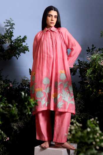 Buy_Taisha_Pink Chanderi Embroidery, Applique Trishya Floral Pattern Jacket Pant Set _Online_at_Aza_Fashions