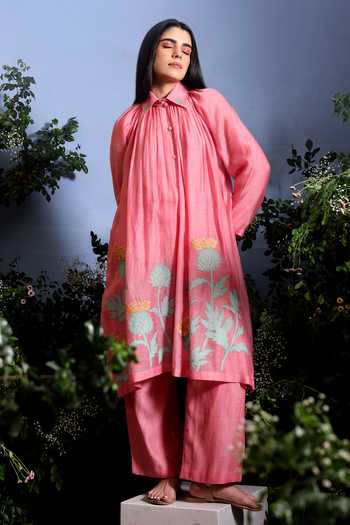 Shop_Taisha_Pink Chanderi Embroidery, Applique Trishya Floral Pattern Jacket Pant Set _Online_at_Aza_Fashions