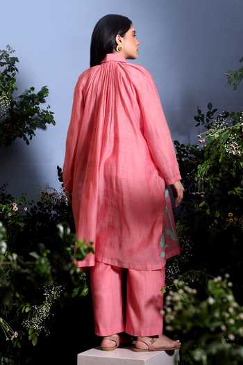 Shop_Taisha_Pink Chanderi Embroidery, Applique Trishya Floral Pattern Jacket Pant Set _at_Aza_Fashions
