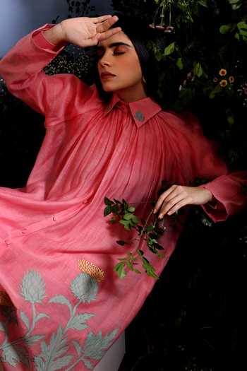Taisha_Pink Chanderi Embroidery, Applique Trishya Floral Pattern Jacket Pant Set _at_Aza_Fashions