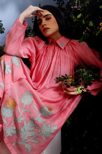 Shop_Taisha_Pink Chanderi Embroidery, Applique Trishya Floral Pattern Jacket Pant Set 