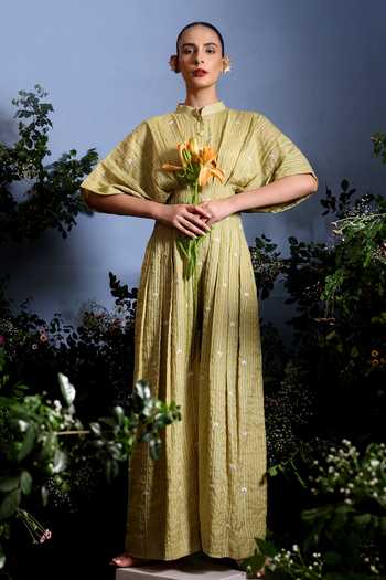 Taisha_Green Chanderi Embroidery Mandarin Collar Luma Zari Stripe Malai Dress _Online_at_Aza_Fashions