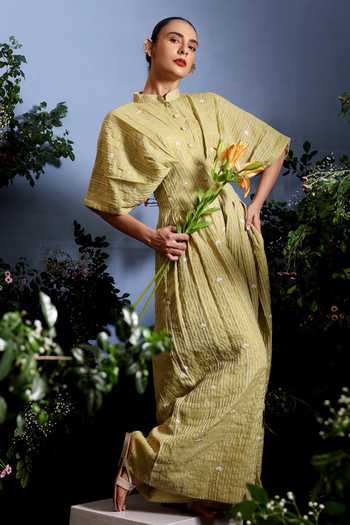 Buy_Taisha_Green Chanderi Embroidery Mandarin Collar Luma Zari Stripe Malai Dress _Online_at_Aza_Fashions