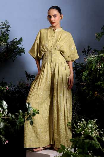 Shop_Taisha_Green Chanderi Embroidery Mandarin Collar Luma Zari Stripe Malai Dress _Online_at_Aza_Fashions