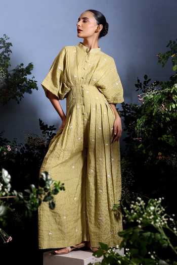 Taisha_Green Chanderi Embroidery Mandarin Collar Luma Zari Stripe Malai Dress _at_Aza_Fashions