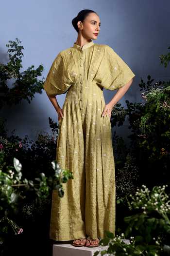 Buy_Taisha_Green Chanderi Embroidery Mandarin Collar Luma Zari Stripe Malai Dress 