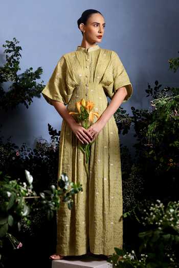 Shop_Taisha_Green Chanderi Embroidery Mandarin Collar Luma Zari Stripe Malai Dress 
