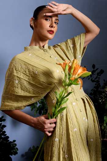 Taisha_Green Chanderi Embroidery Mandarin Collar Luma Zari Stripe Malai Dress _Online