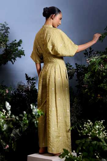 Shop_Taisha_Green Chanderi Embroidery Mandarin Collar Luma Zari Stripe Malai Dress _at_Aza_Fashions