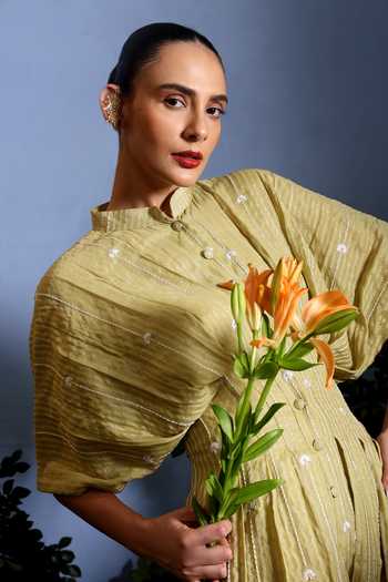 Shop_Taisha_Green Chanderi Embroidery Mandarin Collar Luma Zari Stripe Malai Dress _Online