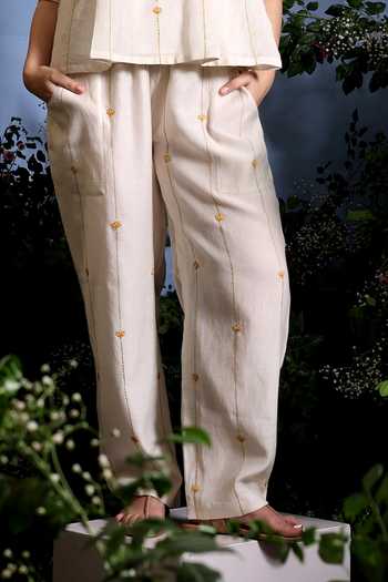 Buy_Taisha_Off White Chanderi Embroidery, Beads, Tassels Kaira Pure Malai Top And Pant Set _Online_at_Aza_Fashions
