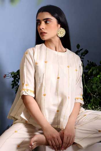Shop_Taisha_Off White Chanderi Embroidery, Beads, Tassels Kaira Pure Malai Top And Pant Set _Online_at_Aza_Fashions