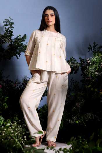 Buy_Taisha_Off White Chanderi Embroidery, Beads, Tassels Kaira Pure Malai Top And Pant Set 