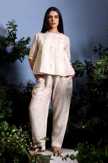 Taisha_Off White Chanderi Embroidery, Beads, Tassels Kaira Pure Malai Top And Pant Set _Online