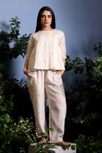 Buy_Taisha_Off White Chanderi Embroidery, Beads, Tassels Kaira Pure Malai Top And Pant Set _at_Aza_Fashions
