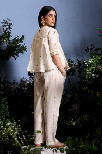 Shop_Taisha_Off White Chanderi Embroidery, Beads, Tassels Kaira Pure Malai Top And Pant Set _at_Aza_Fashions