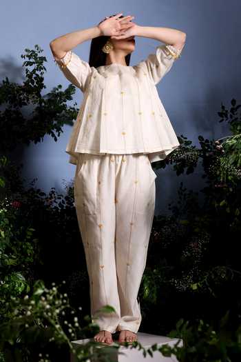 Taisha_Off White Chanderi Embroidery, Beads, Tassels Kaira Pure Malai Top And Pant Set 