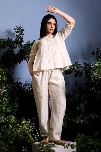 Taisha_Off White Chanderi Embroidery, Beads, Tassels Kaira Pure Malai Top And Pant Set 