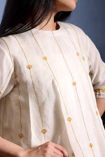 Taisha_Off White Chanderi Embroidery, Beads, Tassels Kaira Pure Malai Top And Pant Set 