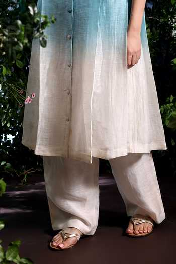 Taisha_Blue Linen Embroidery, Beads, Pearls Collared Vyom Dual Shaded Kurta And Pant Set _Online_at_Aza_Fashions