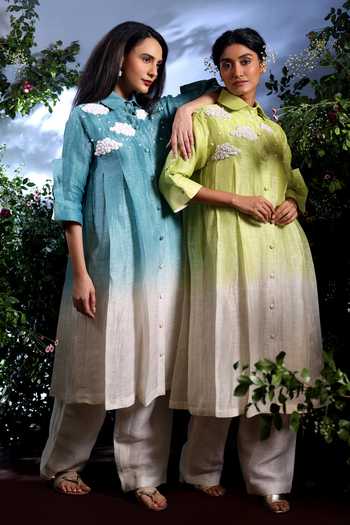 Buy_Taisha_Blue Linen Embroidery, Beads, Pearls Collared Vyom Dual Shaded Kurta And Pant Set _Online_at_Aza_Fashions