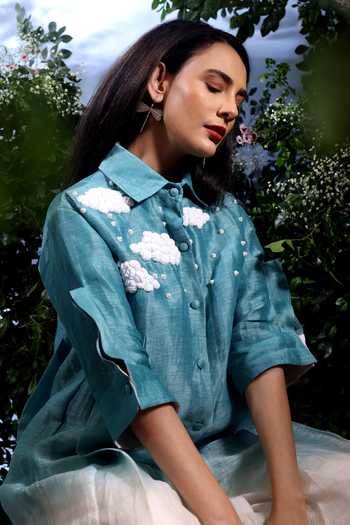 Shop_Taisha_Blue Linen Embroidery, Beads, Pearls Collared Vyom Dual Shaded Kurta And Pant Set _Online_at_Aza_Fashions