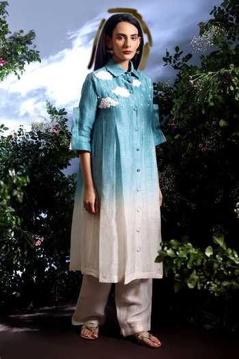 Taisha_Blue Linen Embroidery, Beads, Pearls Collared Vyom Dual Shaded Kurta And Pant Set _at_Aza_Fashions