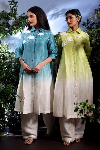 Buy_Taisha_Blue Linen Embroidery, Beads, Pearls Collared Vyom Dual Shaded Kurta And Pant Set 