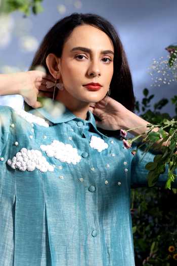 Shop_Taisha_Blue Linen Embroidery, Beads, Pearls Collared Vyom Dual Shaded Kurta And Pant Set 