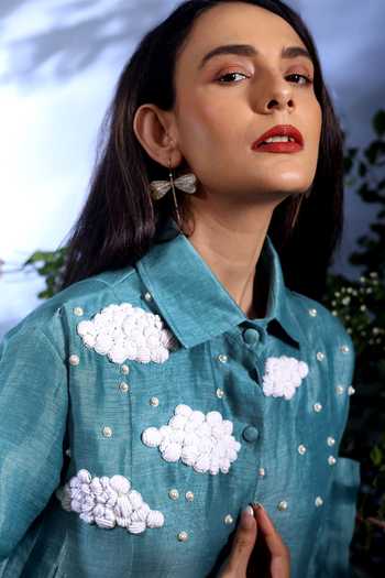 Taisha_Blue Linen Embroidery, Beads, Pearls Collared Vyom Dual Shaded Kurta And Pant Set _Online