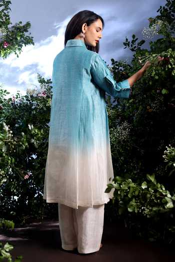 Shop_Taisha_Blue Linen Embroidery, Beads, Pearls Collared Vyom Dual Shaded Kurta And Pant Set _at_Aza_Fashions