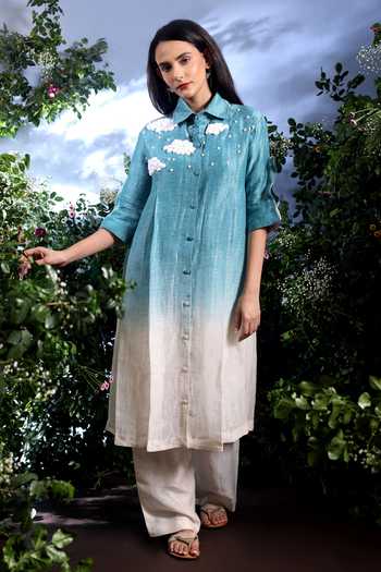 Buy_Taisha_Blue Linen Embroidery, Beads, Pearls Collared Vyom Dual Shaded Kurta And Pant Set _at_Aza_Fashions