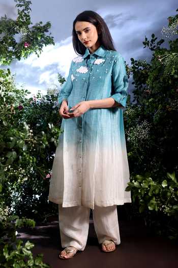 Buy_Taisha_Blue Linen Embroidery, Beads, Pearls Collared Vyom Dual Shaded Kurta And Pant Set _Online