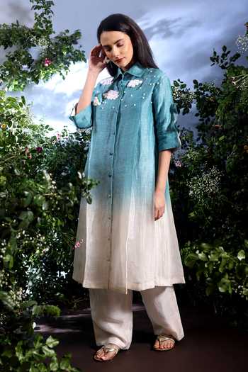 Shop_Taisha_Blue Linen Embroidery, Beads, Pearls Collared Vyom Dual Shaded Kurta And Pant Set _Online